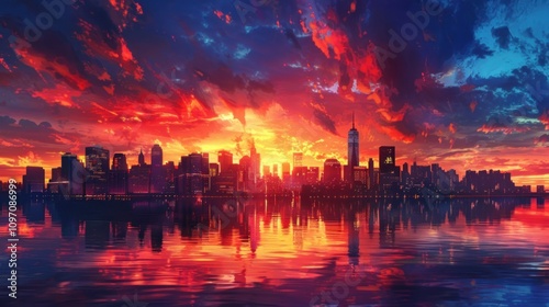 Vibrant sunset over a city skyline reflected in calm water. (1)