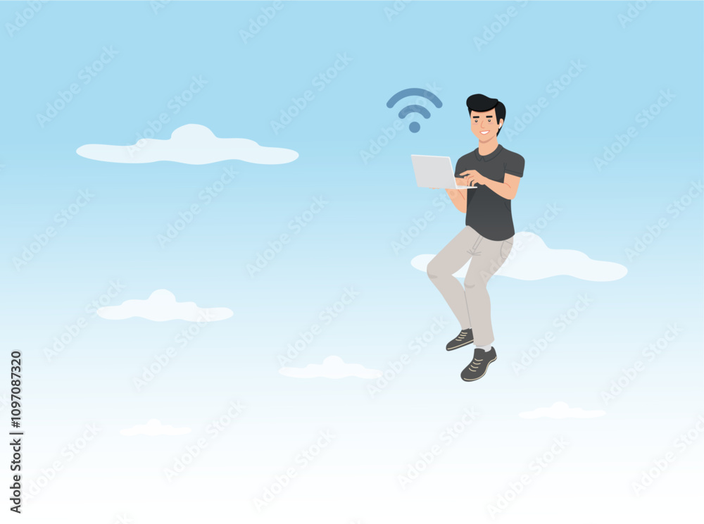 navigate within the cloud, quick access, work remotely, wi-fi signal, illustration of a man sitting on the cloud with a computer in his hand with internet signal