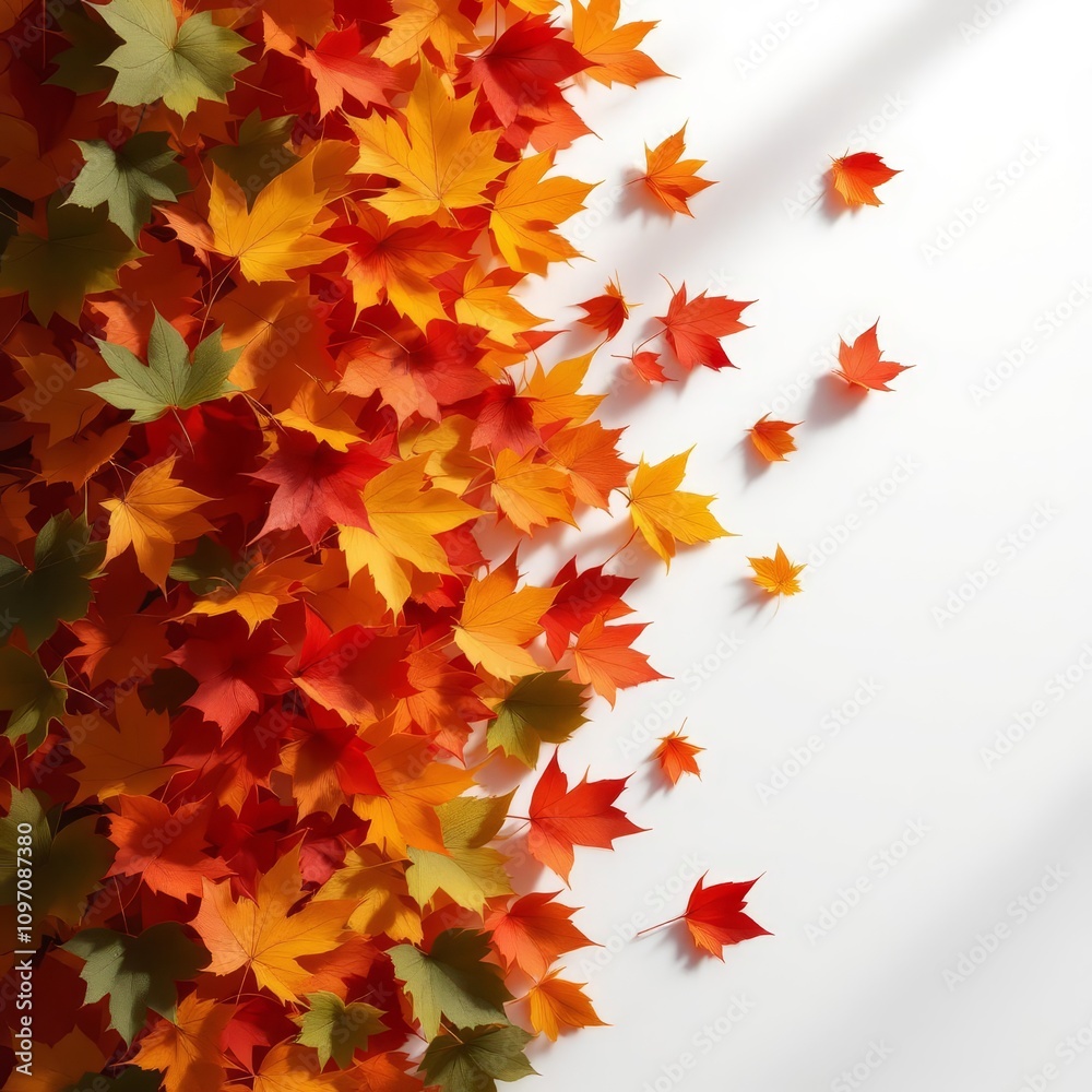 Fototapeta premium Autumn leaves, a white backdrop, a piled silhouette.