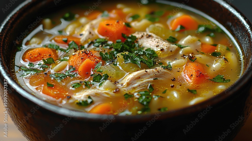Hearty chicken vegetable soup with carrots and herbs in rustic bowl Hearty chicken vegetable soup with carrots and herbs in rustic bowl