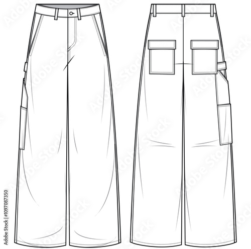 mens wide leg baggy carpenter jeans flat sketch vector illustration front and back view technical cad drawing template