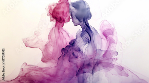 two silhouettes of people made of colored smoke on a light background