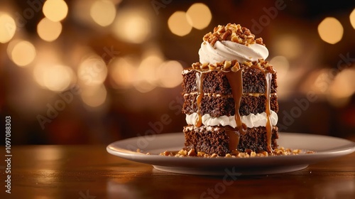 Decadent Chocolate Cake with Caramel Drizzle and Nuts