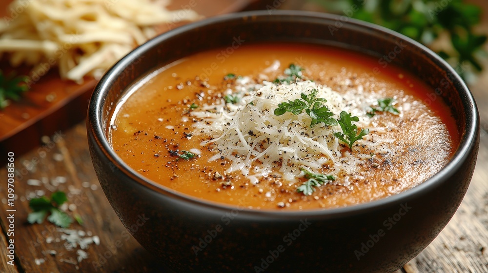 Savory tomato soup garnished with parmesan and herbs in rustic bowl Savory tomato soup garnished with parmesan and herbs in rustic bowl