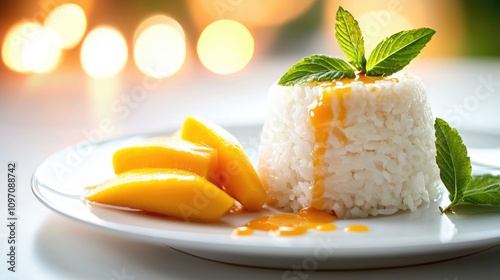 Delicious Dessert Rice with Fresh Mango and Mint Garnish