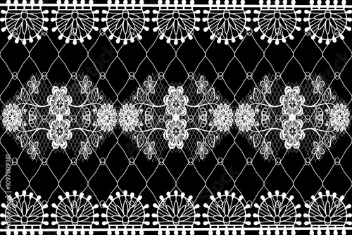 Seamless white lace pattern. Black background, illustration, water, curtain, fashion clothing.