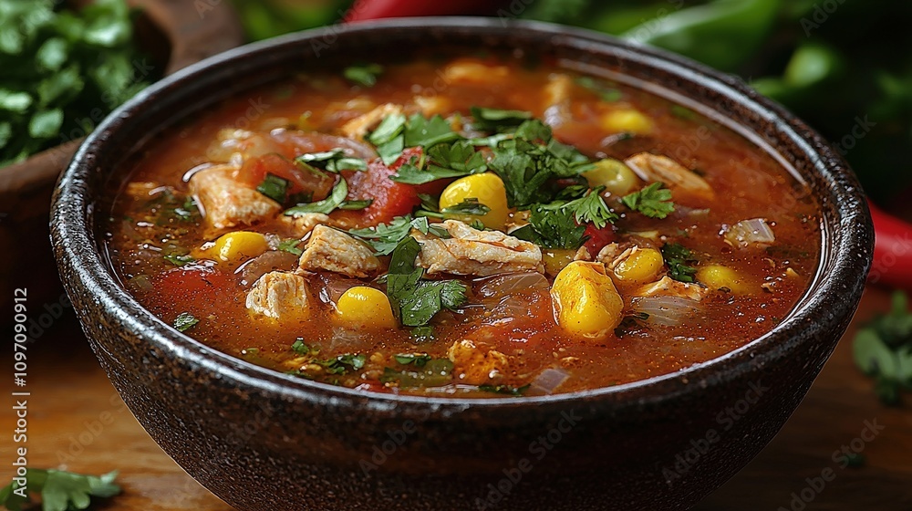 Hearty chicken and vegetable soup in rustic bowl with corn and cilantro Hearty chicken and vegetable soup in rustic bowl with corn and cilantro