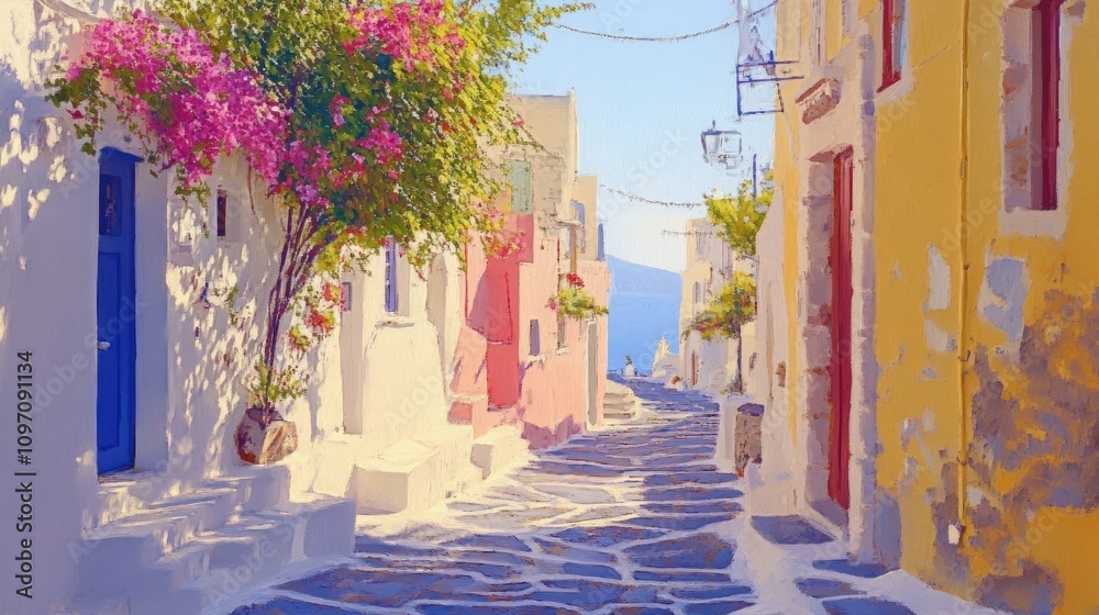 Obraz premium A Colorful Narrow Street in a Mediterranean Village with Bougainvillea Flowers