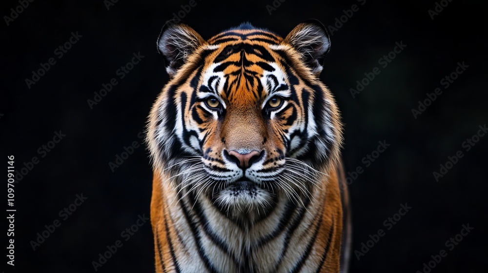 A majestic tiger stands out against a somber black backdrop, its piercing gaze capturing the viewer's attention. The tiger's vibrant coat, striped with bold black and orange A majestic tiger stands out against a somber black backdrop, its piercing gaze capturing the viewer's attention. The tiger's vibrant coat, striped with bold black and orange