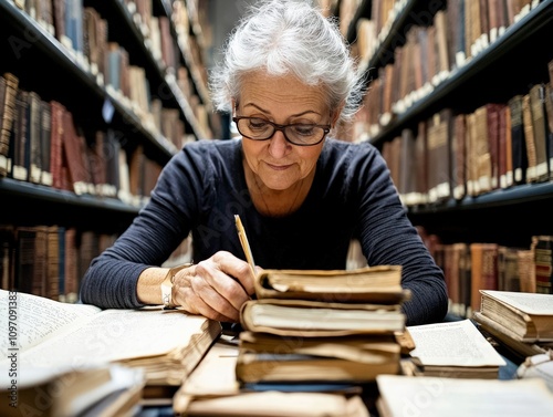 A librarian reviewing archival materials in a historical section of the library, surrounded by old manuscripts photo