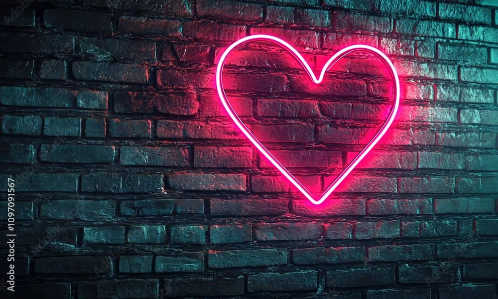 A glowing pink neon heart sign illuminates a dark brick wall, creating a bold and modern statement of love. A glowing pink neon heart sign illuminates a dark brick wall, creating a bold and modern statement of love.