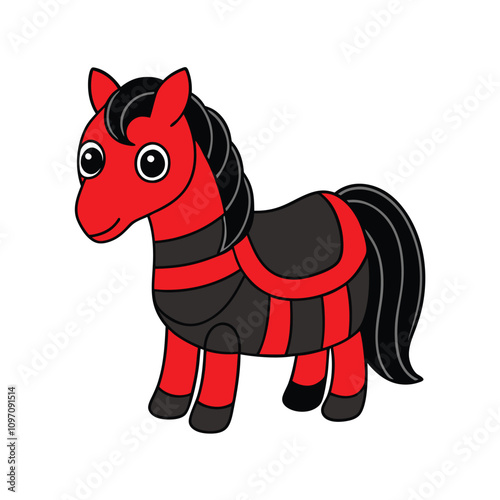 A horse in black and red , and isolated white background.