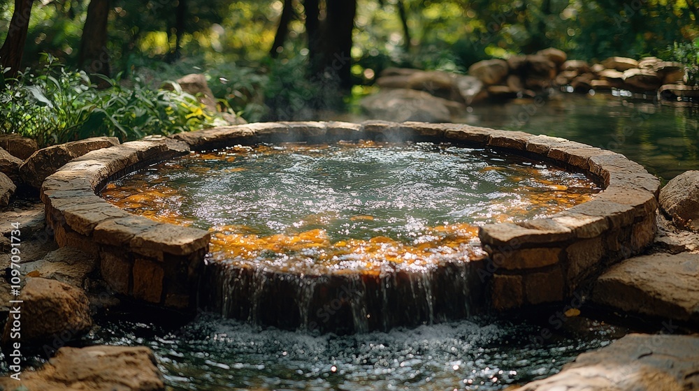 Serene hot spring pool in lush forest setting with natural stone border Serene hot spring pool in lush forest setting with natural stone border