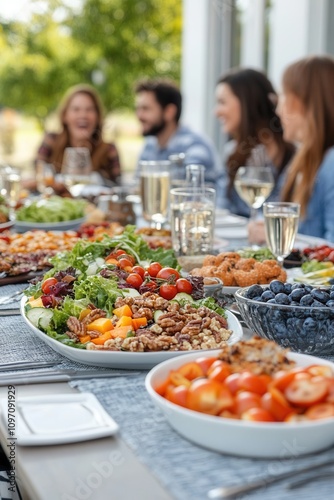 Wallpaper Mural A lively gathering of friends sharing a summer meal outdoors. The table is filled with vibrant salads, fruits, and appetizers, while laughter fills the air, creating a warm and inviting atmosphere. Torontodigital.ca