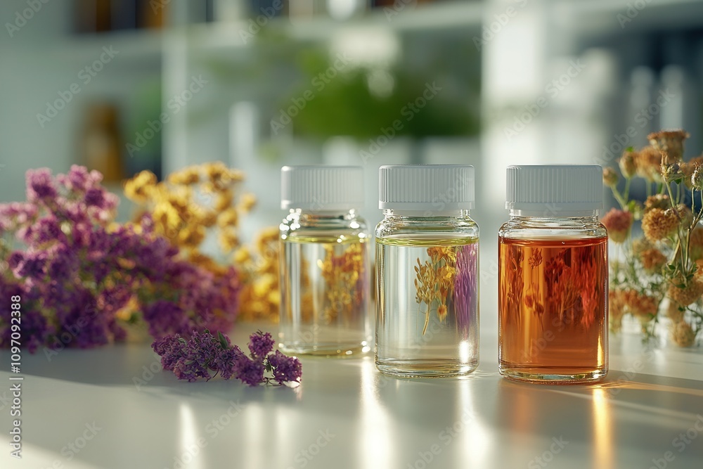 Three jars of essential oils in varying colors are surrounded by dried flowers on a bright surface. Three jars of essential oils in varying colors are surrounded by dried flowers on a bright surface.