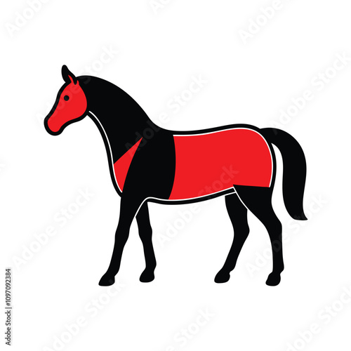 A horse in black and red , and isolated white background.