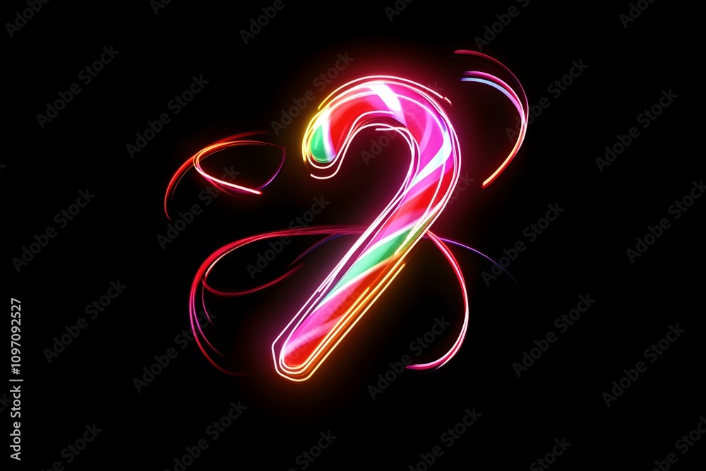 A mesmerizing sight of neon lights forming candy cane outlines surrounded by intricate swirls on a black backdrop. A mesmerizing sight of neon lights forming candy cane outlines surrounded by intricate swirls on a black backdrop.