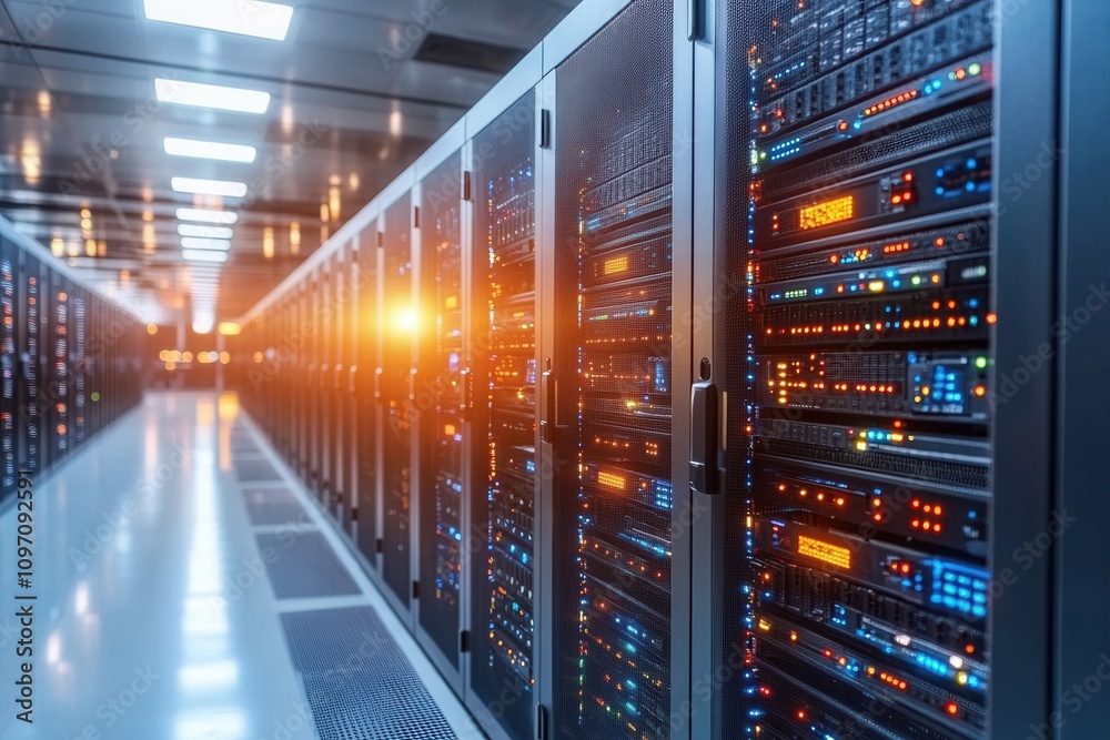 Obraz premium Rows of server racks glow with lights in a data center, showcasing technology and operations at dusk.