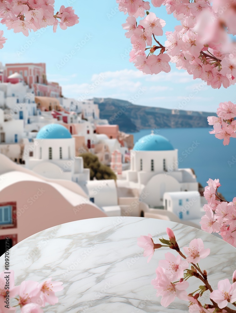 Obraz premium Blossoming cherry trees santorini travel coastal view serenity