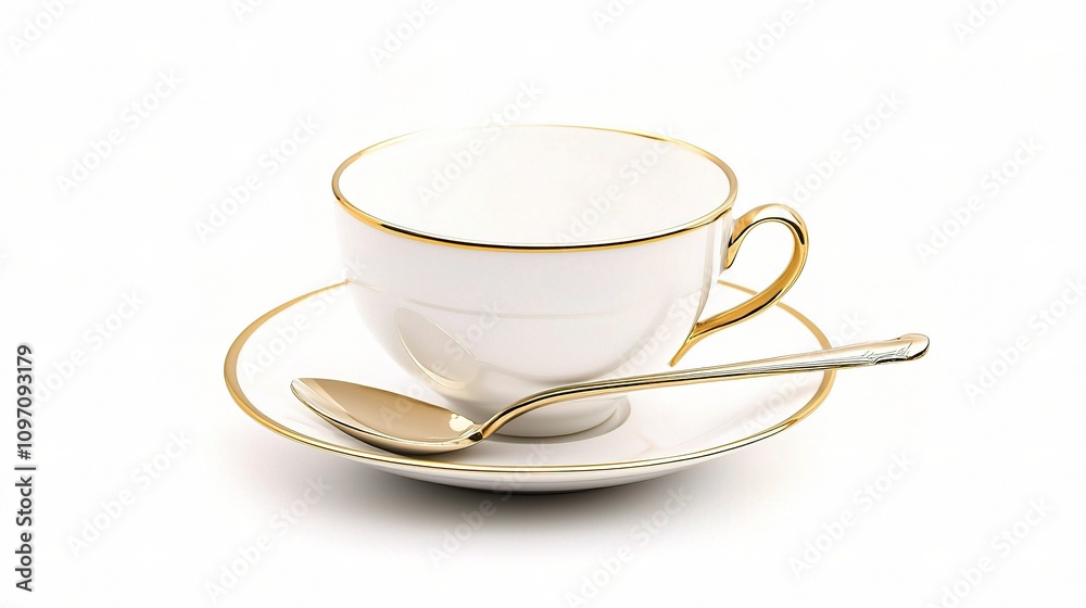Fototapeta premium Elegant Teacup with Saucer and Spoon on White Background