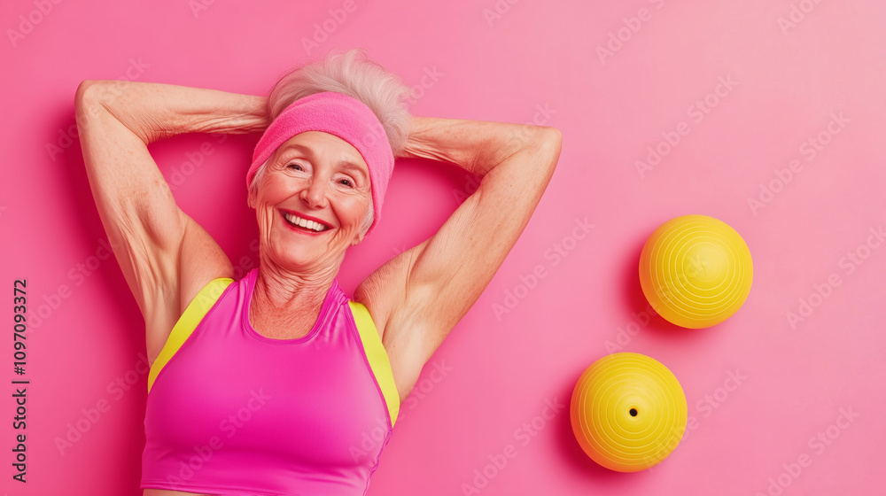 Older woman enjoying fitness routine with yellow balls Older woman enjoying fitness routine with yellow balls