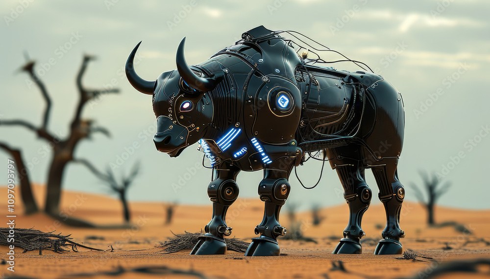 Naklejka premium a black futuristic cyborg angry black bull walking in a desert with dead trees, cyborg black bull, cybernetic armour with wires and neon lights, majestic wildlife, cybergenic futuristic animal, techno