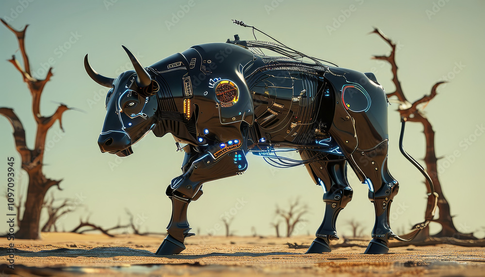 Fototapeta premium a black futuristic cyborg angry black bull walking in a desert with dead trees, cyborg black bull, cybernetic armour with wires and neon lights, majestic wildlife, cybergenic futuristic animal, techno