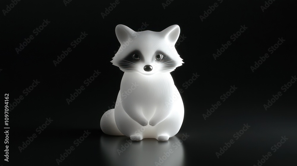 A cute, stylized white raccoon figurine against a dark background. A cute, stylized white raccoon figurine against a dark background.