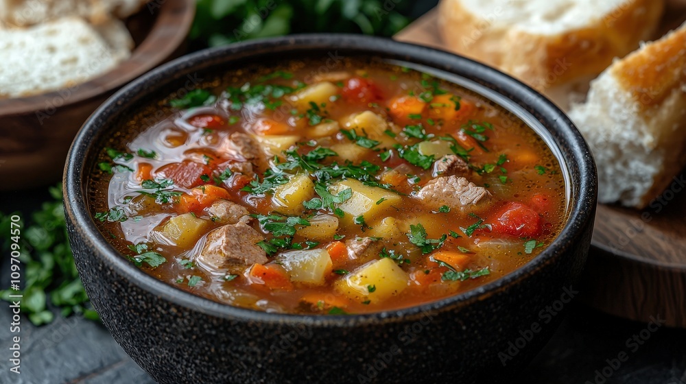 Hearty beef stew with vegetables and fresh bread on rustic table Hearty beef stew with vegetables and fresh bread on rustic table