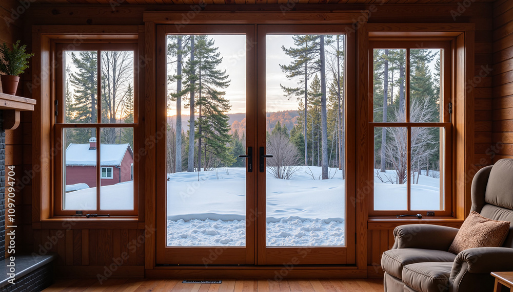 Fototapeta premium Cozy cabin view with snow-covered landscape and wooden door in peaceful setting