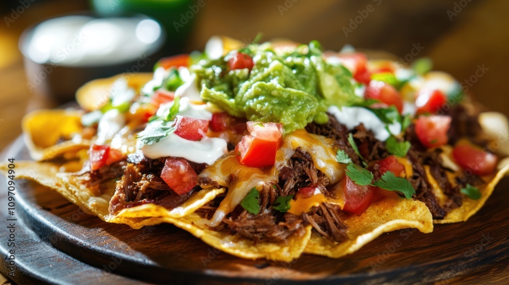 A plate of nachos with pulled beef, cheese, guacamole, tomatoes, sour cream, and cilantro. A plate of nachos with pulled beef, cheese, guacamole, tomatoes, sour cream, and cilantro.