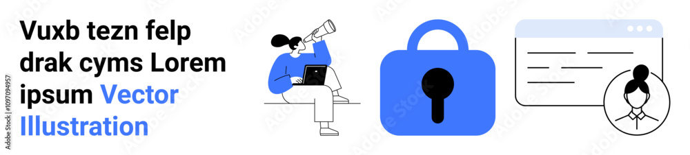 Woman with laptop, large lock symbol, browser window, user icon. Ideal for cybersecurity, secure browsing, online privacy, data protection, user authentication, tech startups, and digital safety Woman with laptop, large lock symbol, browser window, user icon. Ideal for cybersecurity, secure browsing, online privacy, data protection, user authentication, tech startups, and digital safety
