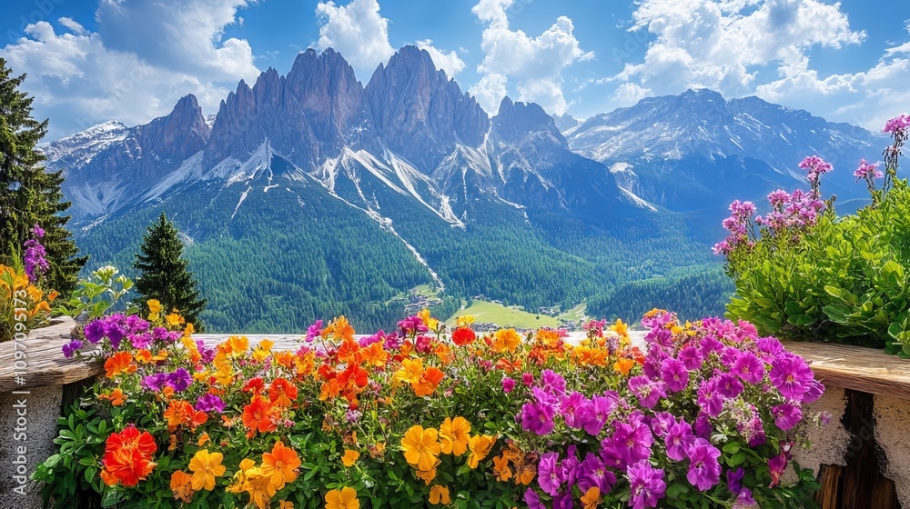 A vibrant tapestry of summer blooms adorns a traditional balcony overlooking the majestic Alps and Dolomites. Lush foliage mingles with a kaleidoscope of colors