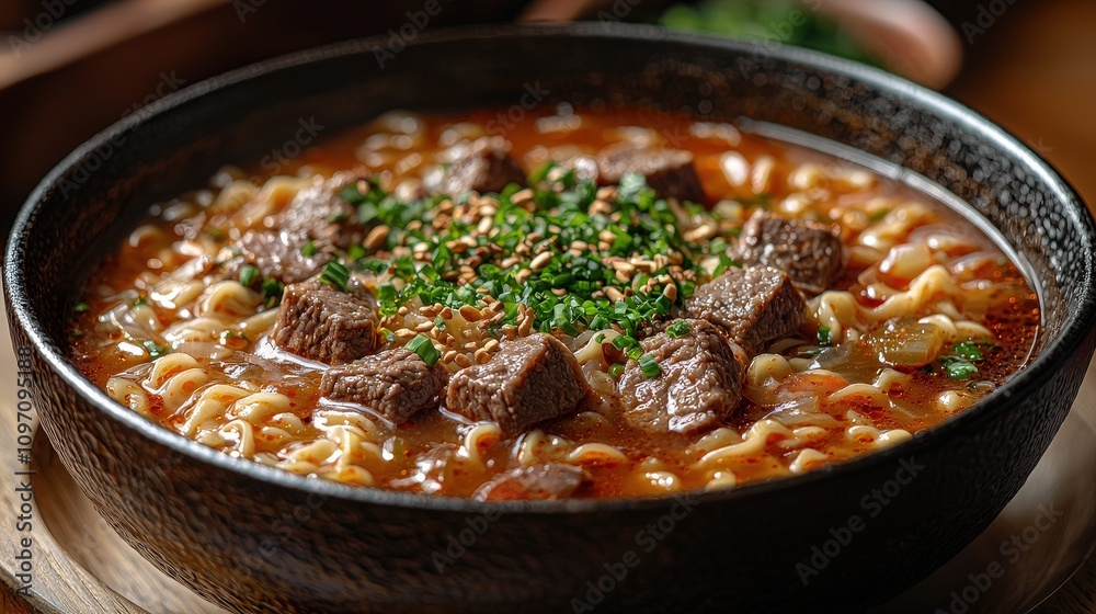 Hearty beef ramen with spices and fresh herbs in a rustic bowl Hearty beef ramen with spices and fresh herbs in a rustic bowl