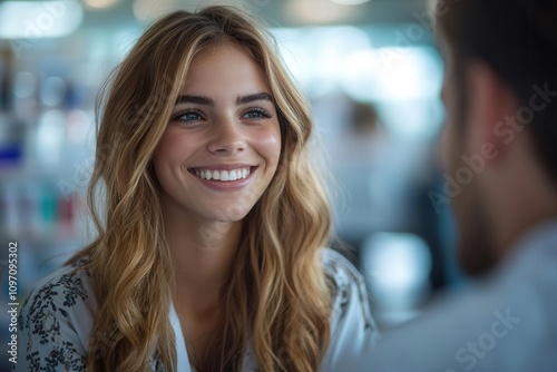 Wallpaper Mural pharmacist consulting with smiling patient, modern pharmacy setting, emphasizing friendly interaction and healthcare, showcasing the importance of communication in wellness Torontodigital.ca
