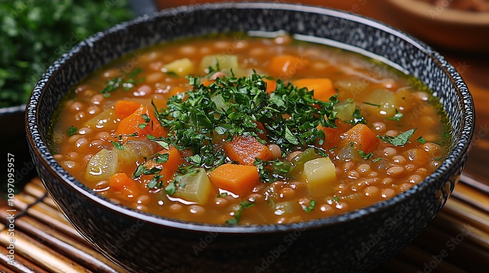 Hearty lentil soup with vegetables and fresh herbs in rustic bowl Hearty lentil soup with vegetables and fresh herbs in rustic bowl