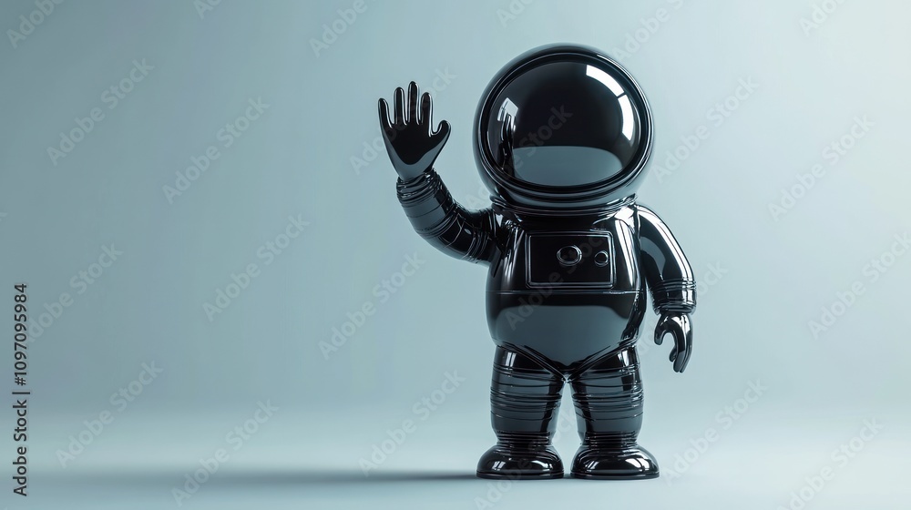 A glossy black astronaut figure stands waving against a light background. A glossy black astronaut figure stands waving against a light background.