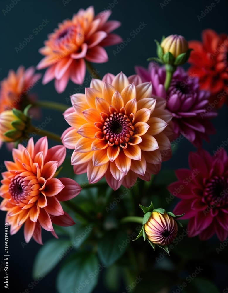 Obraz premium Vibrant dahlia bouquet. Romantic purple pink orange flowers. Moody dark background. Botanical wedding decor. Floral arrangement. Indoor plant. Elegant wallpaper. Alluring blooms. Floral design. Dark