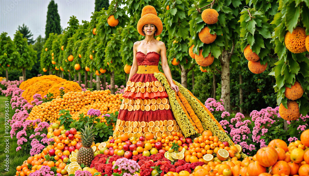 Fototapeta premium A woman is standing in front of a fruit display, wearing a dress made of fruit