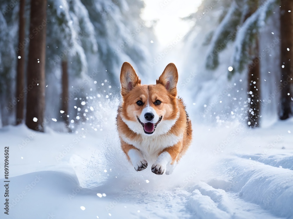 Corgi joyfully runs through a snowy forest in winter, capturing the essence of fun and freedom