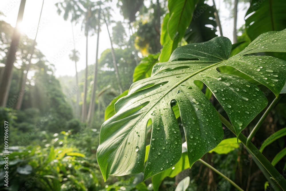 Fototapeta premium Dew glistens on large leaves in a vibrant rainforest at dawn, surrounded by towering trees.