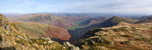 Panorama from the summit of Crinkle Crags down Oxendale to Great Landgale with the Langdale Pikes and Pike of Blisco in the middle distance, lake District, UK photo