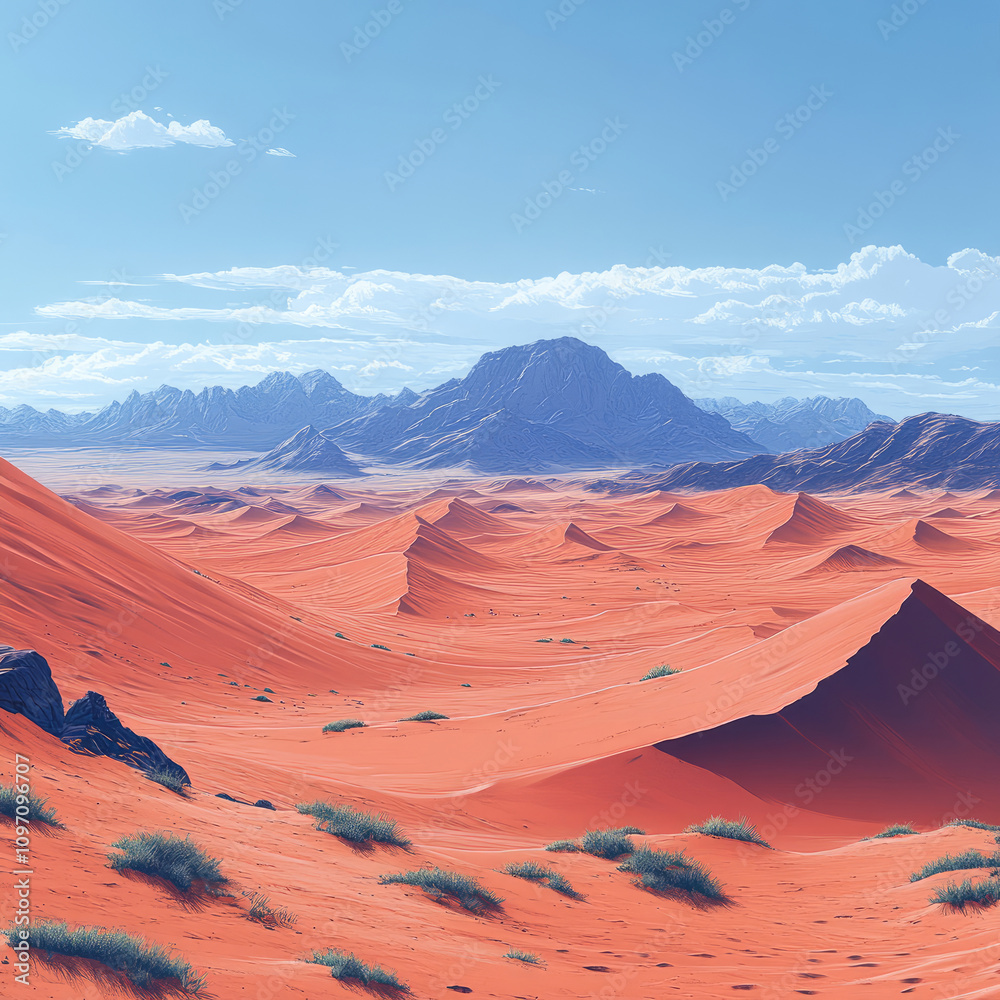 Naklejka premium Red Sand Dunes and Distant Mountains under a Blue Sky