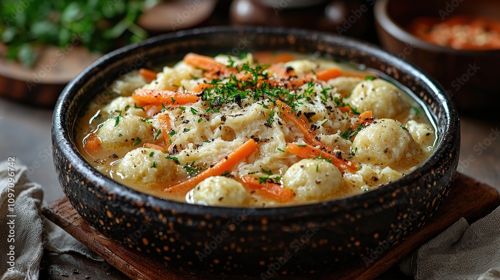 Rustic hearty chicken soup with dumplings and fresh vegetables in ceramic bowl Rustic hearty chicken soup with dumplings and fresh vegetables in ceramic bowl