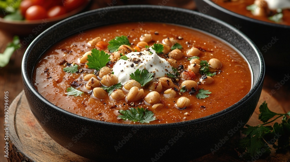 Savory chickpea soup with cream and herbs in rustic setting Savory chickpea soup with cream and herbs in rustic setting