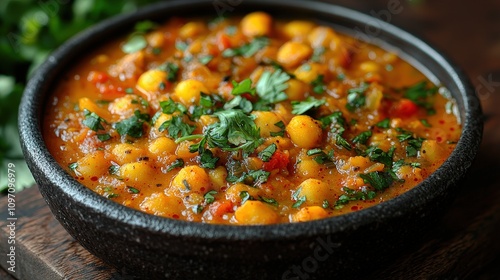 Delicious chickpea curry garnished with fresh cilantro in a rustic bowl