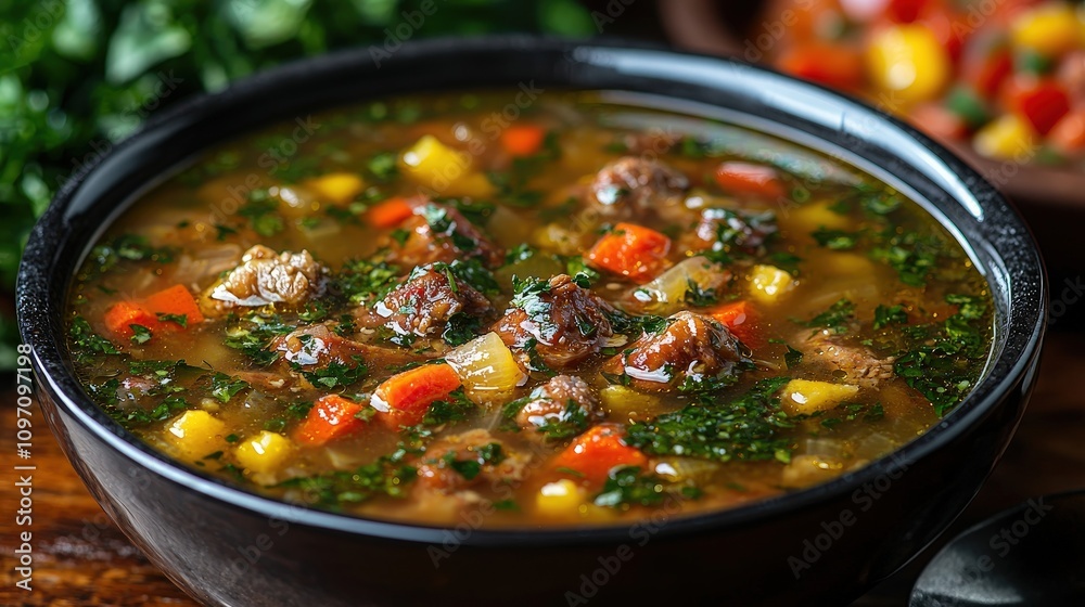 Hearty beef and vegetable soup in rustic black bowl with fresh herbs Hearty beef and vegetable soup in rustic black bowl with fresh herbs