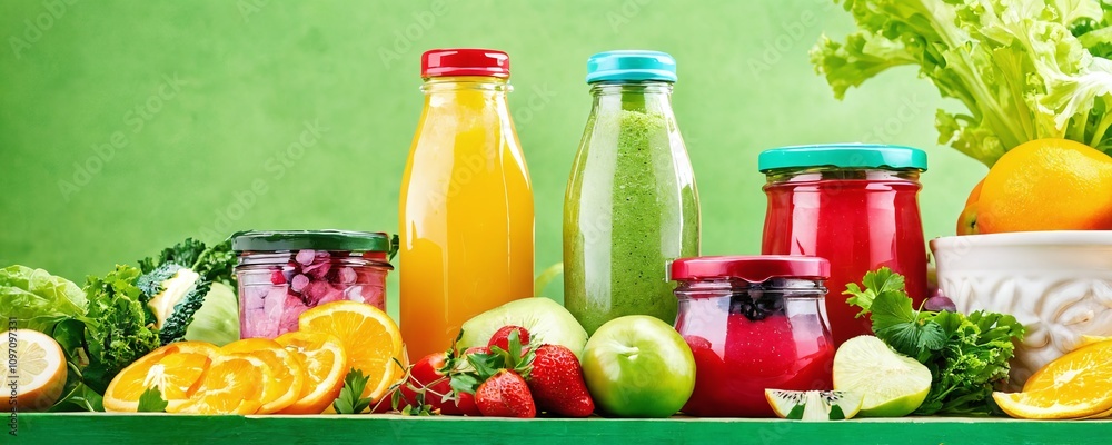 Variety of colorful juices and fresh fruits arranged on a green table Variety of colorful juices and fresh fruits arranged on a green table