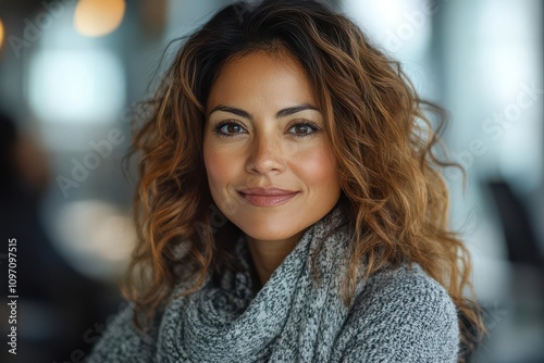 portrait of a confident hispanic woman in a bright office, focused and smiling while working on her computer, symbolizing dedication and collaboration in a modern corporate environment