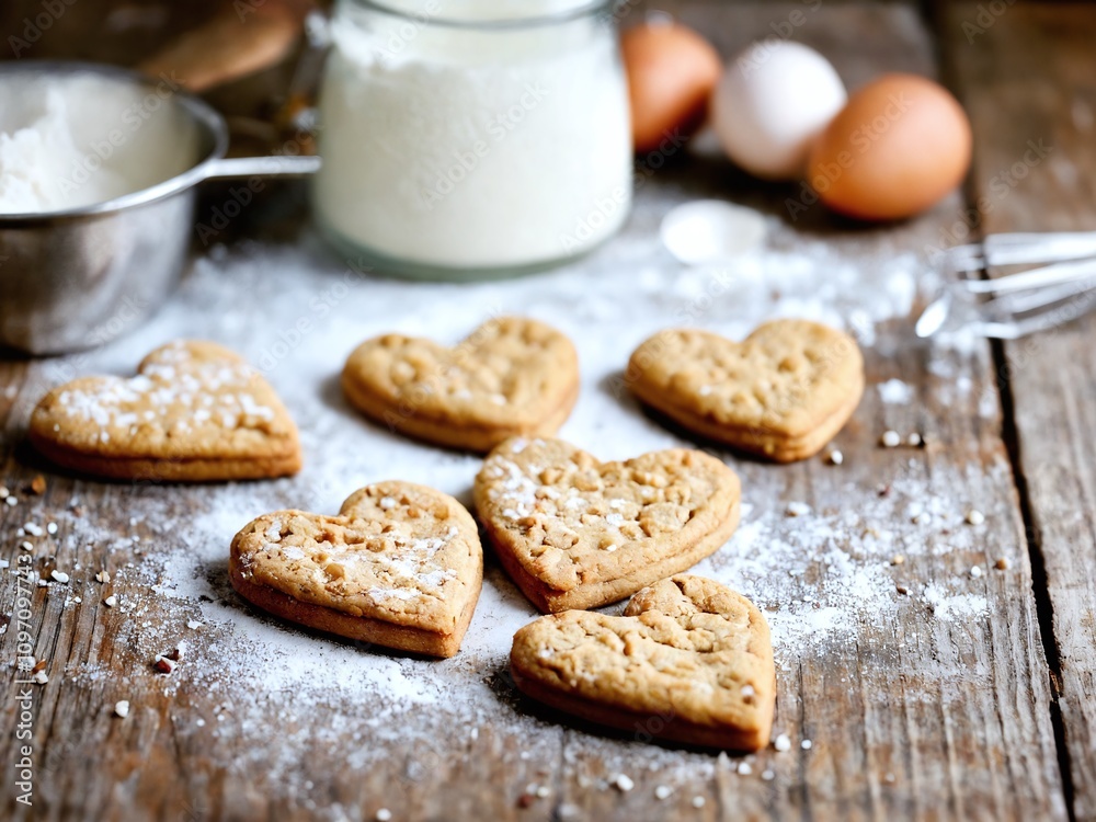 Heart-shaped cookies prepared on a rustic wooden table with eggs and flour in the background Heart-shaped cookies prepared on a rustic wooden table with eggs and flour in the background